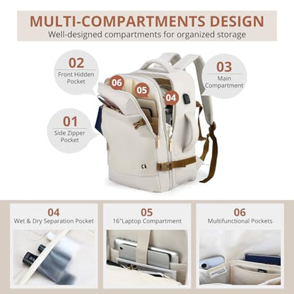 Swissdigital Design Travel Laptop Backpack for Women, 36L Carry On Backpack with USB Charging Port, RFID Protection & Wet-Dry Separation, TSA Friendly Fits 16 Inch Laptop, Beige Brown | SD1749-07 - color: Beige Brown