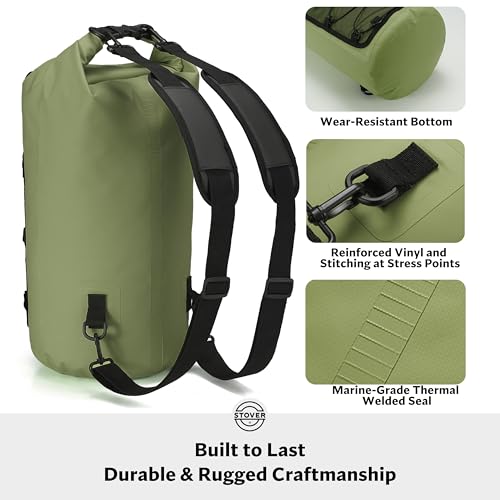 STOVER 5/10/25/30/40/55L Waterproof Dry Bag- Roll-Top Backpack w/Phone Case- Kayaking, Hiking, Camping, Boating- Men/Women - color: 25l Green (With Phone Case), size: 25L