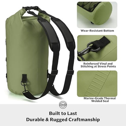 STOVER 5/10/25/30/40/55L Waterproof Dry Bag- Roll-Top Backpack w/Phone Case- Kayaking, Hiking, Camping, Boating- Men/Women - color: 25l Green (With Phone Case), size: 25L