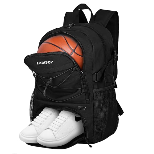 LARIPOP Basketball Backpack with Ball Compartment - Ventilated Shoe Pocket Fits US Size 15, Water Resistant 30L Sports Bag for Men Women Teen Athletes Practice Travel - color: black