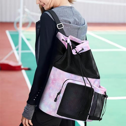 Lohol Large Mesh Drawstring Backpack with Shoe Bag, Durable Swimming String Sack with Handle for Sports Gym Yoga Beach Travel - color: Galalxy Pink