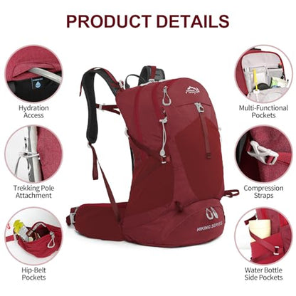 IX INOXTO Hiking Backpack, 26L/40L Waterproof Hiking Daypack with 3L Water Bladder and Rain Cover, Lightweight Travel Camping Backpack for Men Women (Red) - color: Red