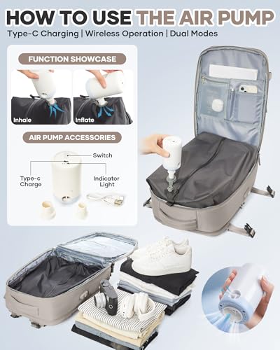 WONHOX Vacuum Seal Travel Backpack with Air Pump,Compression Vacpack Waterproof Carry On Backpack for Travel Women Men with Vacuum System,Airlines Approved Daypack Laptop Space Saver Bags,GreyBrown - color: B4-greybrown(with Air Pump)