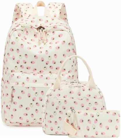 Bluboon School Backpack Set Girls Womens Laptop Bookbag Casual Daypack Fits 15 inch Laptop with Lunch Tote Bag and Pencil Bag - color: Corduroy White Pink Strawberry