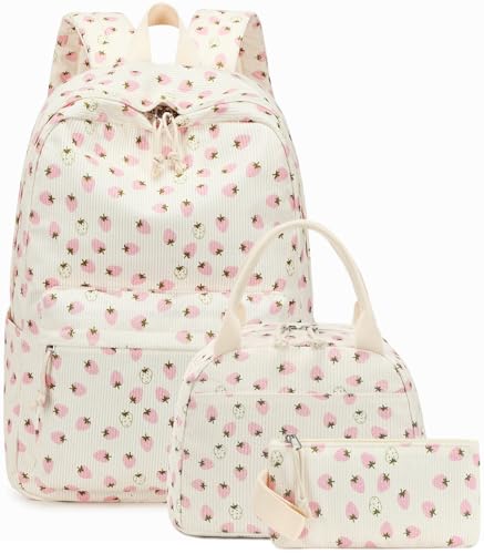 Bluboon School Backpack Set Girls Womens Laptop Bookbag Casual Daypack Fits 15 inch Laptop with Lunch Tote Bag and Pencil Bag - color: Corduroy White Pink Strawberry