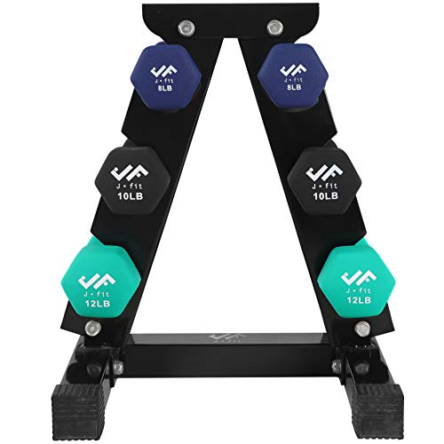 JFIT Dumbbell Pairs or Sets – Neoprene & Vinyl Coated Hand Weights for Home Gym, Strength Training, Aerobics, Cardio Exercise and Fitness - size: 60 lbs (Set), style: Dumbbell Set with Rack