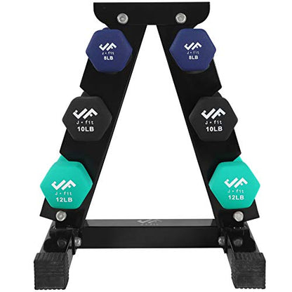 JFIT Dumbbell Pairs or Sets – Neoprene & Vinyl Coated Hand Weights for Home Gym, Strength Training, Aerobics, Cardio Exercise and Fitness - size: 60 lbs (Set), style: Dumbbell Set with Rack