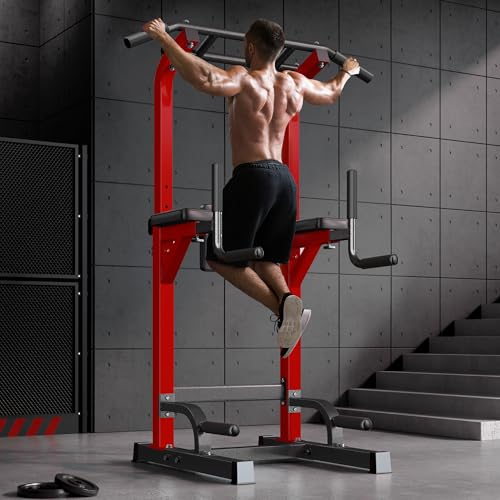 SogesPower Power Tower Pull Up Dip Stand Multi-Function Adjustable Height Workout Equipment Dip Station Fitness Strength Training for Home Gym 330LBS - color: Red
