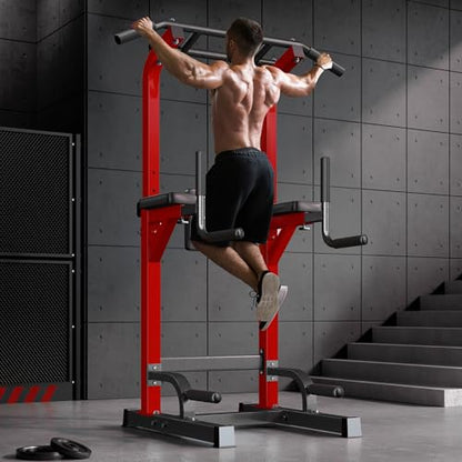 SogesPower Power Tower Pull Up Dip Stand Multi-Function Adjustable Height Workout Equipment Dip Station Fitness Strength Training for Home Gym 330LBS - color: Red
