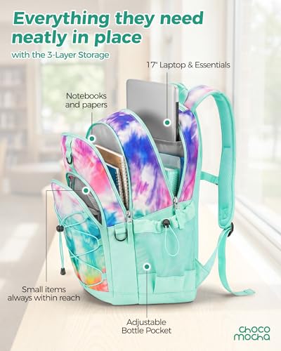Choco Mocha Girls School Backpack with Lunch Box, Teal Fluid Backpack Set for Teen Girls 18 Inch Backpacks, 3 Pcs - color: Teal-green