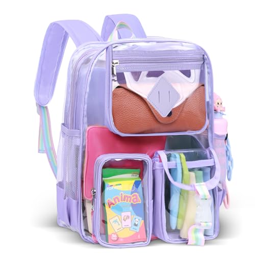 Clear Backpack for Stadium Events, Large Heavy Duty PVC Transparent Backpacks for Girls Women, See Through Backpack for School, Purple