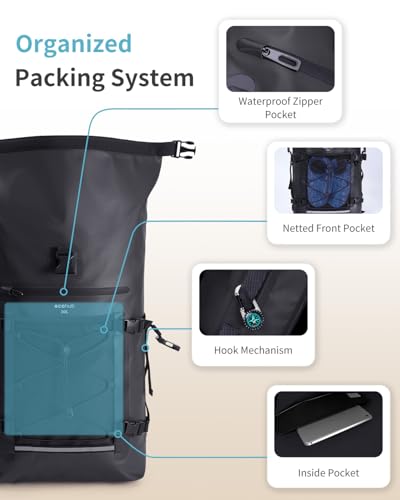 ECOHUB Waterproof Backpack for Women Men, 30L Roll-Top Closure Heavy Duty Dry Bag for Travel with IPX8 Waterproof Phone Case - color: Black