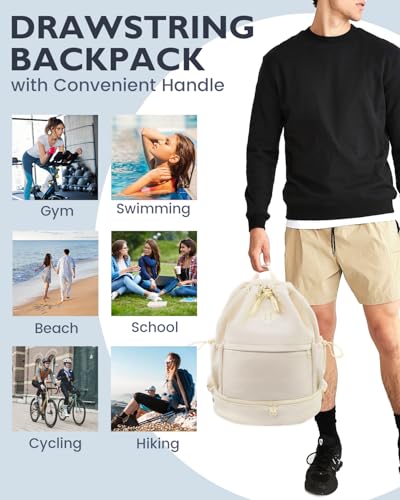 RHDZO Drawstring Backpack Sports Gym Bag with Shoe Compartment and Wet Pocket String Swim Bag for Women Men Beach Backpack, Beige - color: Beige