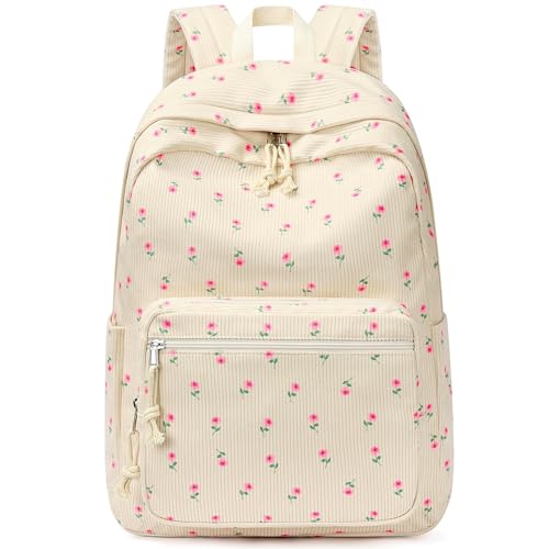 mibasies School Backpack for Girls with Laptop Sleeve: 18IN Large Capacity Corduroy Bookbag for Primary Middle School/College, Travel Daypack for Teens Women - Beige Rose - color: Beige Rose