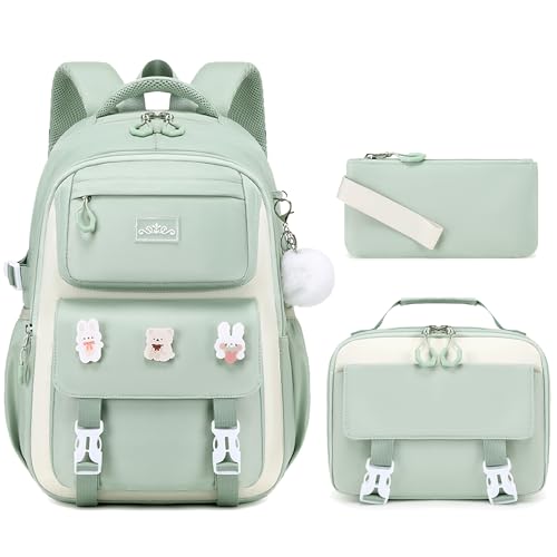 DIGOBAY 3PCS Girls Backpack for School, Green Large Kids Backpack for Girls with Lunch Box Pencil Case Set for Teen Girl Elementary Primary Middle High College School Bookbag with Cute Pins - color: Green