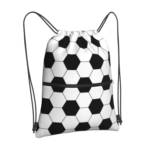 Outdoor Sports Soccer Drawstring Bag, Waterproof Drawstring Backpack for Gym Sports Teams Soccer Party, Men Women Black White Durable Cinch Bag with Front Zipper Pocket and Inside Zipper Pocket - color: Soccer