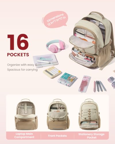 LOVEVOOK School Backpack for Teen Girls, Unique Style College Student Backpacks with Large Cup Holder, Cute Kid Bookbag with Pens Compartment, Large Capacity Back to School Backpack Fit 15.6'' Laptop - color: Khaki Beige, size: Medium