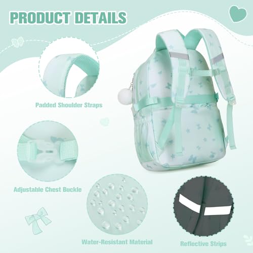 Bevalsa Backpack for Girls 3PCS Teen Girls Backpack for School with Lunch Bag Pencil Case Green Cute Kids Laptop Backpacks Bookbag for Elementary Middle High School College Student (Butterfly) - color: Green Butterfly