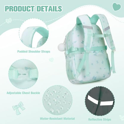 Bevalsa Backpack for Girls 3PCS Teen Girls Backpack for School with Lunch Bag Pencil Case Green Cute Kids Laptop Backpacks Bookbag for Elementary Middle High School College Student (Butterfly) - color: Green Butterfly
