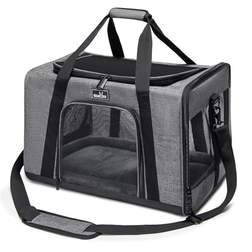 Wakytu Pet Carrier for Medium Large Cats and Dogs, Dog Carrier Travel Bag with Adequate Ventilation, 5 Mesh Windows, 3 Entrance, Locking Safety Zippers, Padded Shoulder and Carrying Strap, Large - color: 1.0 Grey, size: 19.3"L x 13"W x 13"H