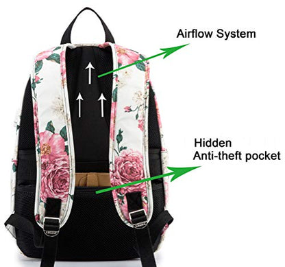 Kinmac Peony Pattern 15 inch Waterproof Laptop Travel Outdoor Backpack With USB Charging Port For 13 inch 14 inch and 15.6 inch Laptop - color: Peony