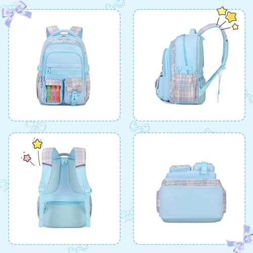 Girls Backpack, 17-Inch Bookbag for Middle & Elementary School, Kawaii Kids Backpack for Girls Ages 6-12(Blue) - color: Blue