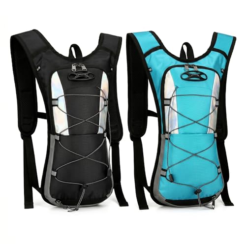 Sadnyy 2 Pcs Hydration Backpack Hiking Water Backpack for 2l Waterbag(Waterbag Not Included), Reflective Lightweight Cycling Daypack with Helmet Net Bag for Biking, Running, Skiing - color: Lake Blue, Black