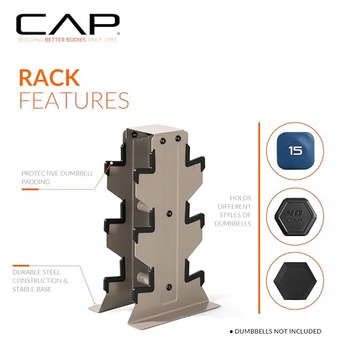 CAP Dumbbell Set with Rack, Rubber Coated Hex Free Weight Set | 100–300 lb Options, Vertical Space-Saving Storage for Home Gym Strength Training - size: 100 lb Set - Tan Rack, style: Chrome Handle