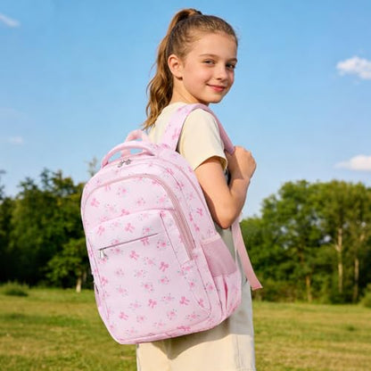 LEDAOU Girls Boys Backpack with Lunch Box, 3-Piece School Bookbag Set - color: Pink Bow With Small Flowers
