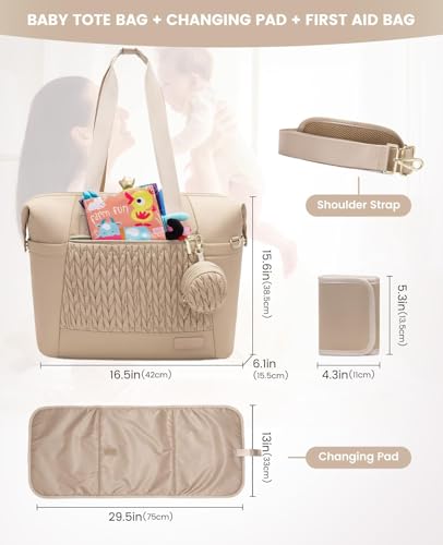 LOVEVOOK Diaper Bag Tote, Baby Diaper Bag Waterproof Travel Diaper Tote with Changing Pad - color: Khaki