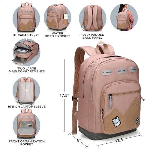 Swissdigital Design Big Student Laptop Backpack with Fun Personalized Patches For College Boy & Girl, Middle High School Teen Bookbag Cool Travel Daypack Mocha Brown - Includes 3 Patches | SD1718-35 - color: Mocha Brown