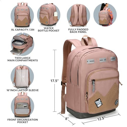 Swissdigital Design Big Student Laptop Backpack with Fun Personalized Patches For College Boy & Girl, Middle High School Teen Bookbag Cool Travel Daypack Mocha Brown - Includes 3 Patches | SD1718-35 - color: Mocha Brown