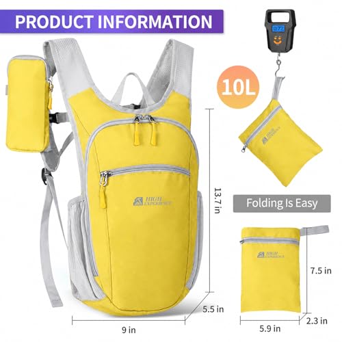 Hiking Backpack 10L/15L Small Daypack Lightweight Packable Travel Foldable Water Resistan for Women Men (Yellow, 10L) - color: Yellow, size: 10L