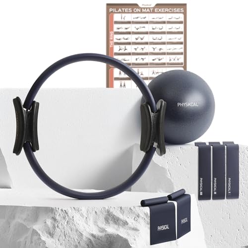 PhysKcal Pilates Kit, 15-Inch Pilates Ring with 1x Core Ball, 3X Resistant Loops and 2X Flex Bands, Home Pilates Equipment Set and Mat Pilates Essential Kit - color: Navy