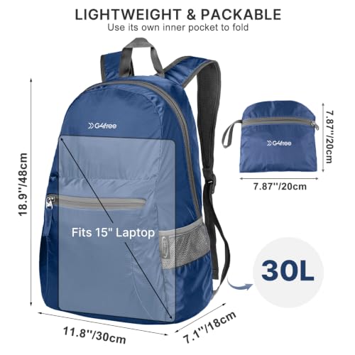 G4Free 30L Packable Travel Hiking Backpack for Men Women - color: Blue, size: 30L