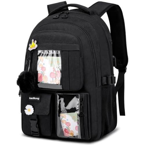 kadilong School Backpacks for Teen Girls Bookbag for Middle School College Students, Cute Backpacks for Women 15.6 Inch Laptop Bag Back Pack School Bag Anti Theft (Black) - color: Black, size: 15,6 inch