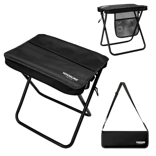 16" Extra Tall Portable Folding Stool for Adults, XL Collapsible Camping Stool with 3 Storage Pockets, Heavy Duty Compact Seat for Fishing, Hiking, Gardening - color: Black