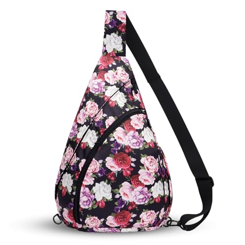 HUA ANGEL Crossbody Sling Bag for Men & Women Lightweight Waterproof Chest Shoulder Bag for Travel Hiking & Everyday Use - color: W-red Purple Flower