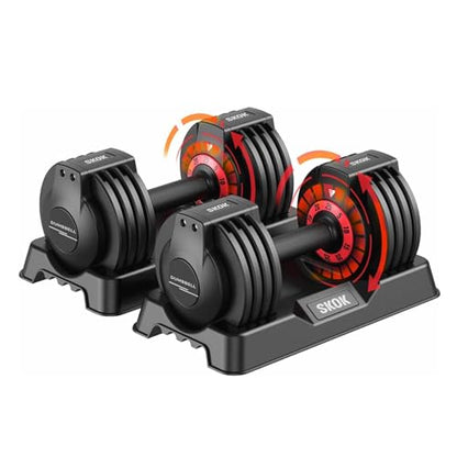 SKOK 25/55 lbs Pair Adjustable Dumbbells Set, Adjustable Weights Dumbbells Set for Men and Women with Anti-Slip Fast Adjust Weight by Turning Handle Dumbbell with Tray - color: 25lbs-Pair