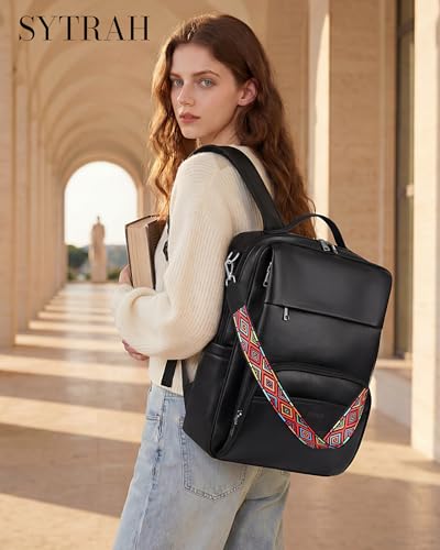 SYTRAH Leather Laptop Backpack, 15.6 Inch Business Computer Bag, Designer College Backpack Travel Backpack with Colorful Shoulder Bag Strap Black - color: Purse Black