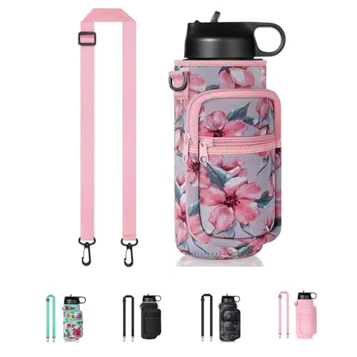 Water Bottle Holder with Strap, Insulated Crossbody Sling Bag, Carrier with Phone Pocket for Walking Hiking Camping Fishing - color: Flower Pink, size: 32oz Short