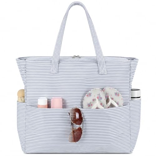 LEDAOU Beach Bag Waterproof Sandproof Women Beach Tote Pool Bag with Zipper for Swim Gym Grocery Travel with Wet Pocket | Sandproof - color: Light Gray White Stripes
