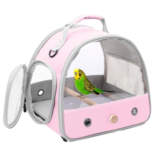Bird Carrier, Portable Small Bird Parrot Parakeet Carrier with Standing Perch and Stainless Steel Tray, Side Access Window Collapsible (Pink, Clear Windows) - color: Pink