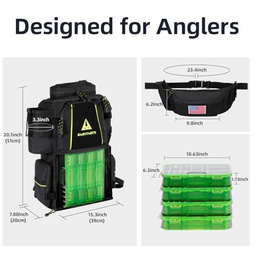 Ghosthorn Fishing Tackle Backpack with 4 3600 Tackle Boxes Rod Holder Outdoor 43L Large Bag with Detachable Wasit Bag Storage Fishing Gear and Equipment Waterproof - color: With 3600*4 Black (43l)