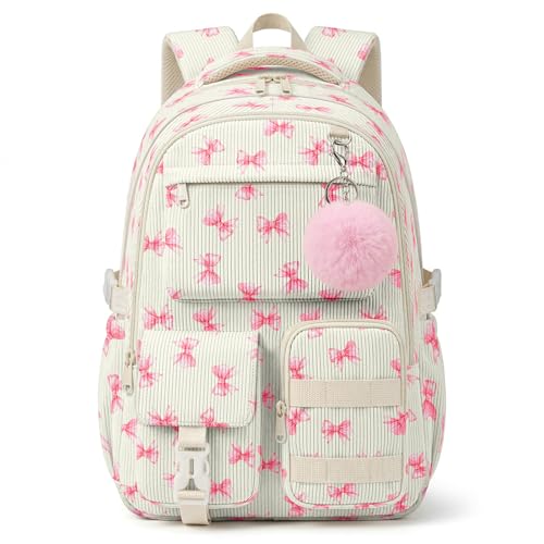 Corduroy Backpack for Teen Girls, Aesthetic Cute Pink Bow School Backpack with Multi-Pocket, Lightweight Bookbag Fits 15.6 Inch Laptop, Large Capacity Casual Daypack for School Travel - color: Pink Bow
