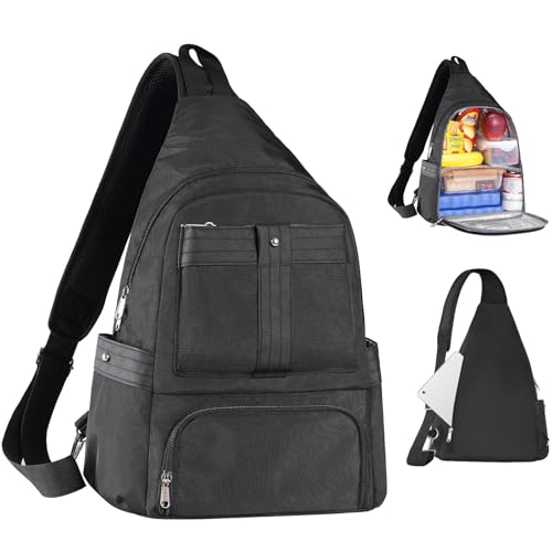 Crossbody Lunch Backpack, Double Deck Large Insulated Lunch Box for Men Women Adult, Leakproof Lunchbox with Side Pokets for iPad, Small Cooler Bag for Work Office Hiking Beach Picnic, Black - color: Black