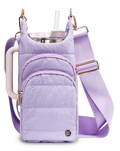 Water Bottle Holder with Strap for 30/32 oz, Crossbody Water Bottle Carrier Bag with RFID Blocking Phone Pocket - color: Purple
