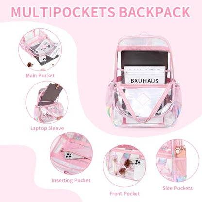 MUSEVOS Clear Backpack for School, Heavy Duty PVC Transparent Bookbag for Girls Stadium Approved See Through Backpack, Pink Tie-Dye - color: Pink Tie-dye