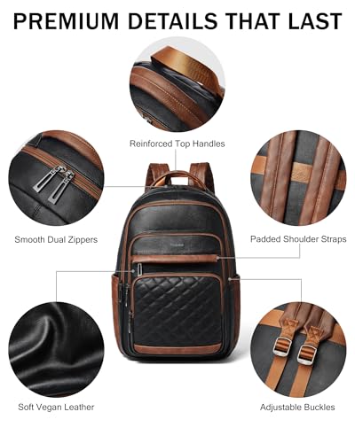 Bluome Work Backpack for Women Men, Laptop Vegan Leather Backpack Purse with 15.6–17 Inch Laptop, Multi-Pocket Bookbag for Office Travel Gym Weekend Overnight Bag, Black&Brown - color: Black&brown