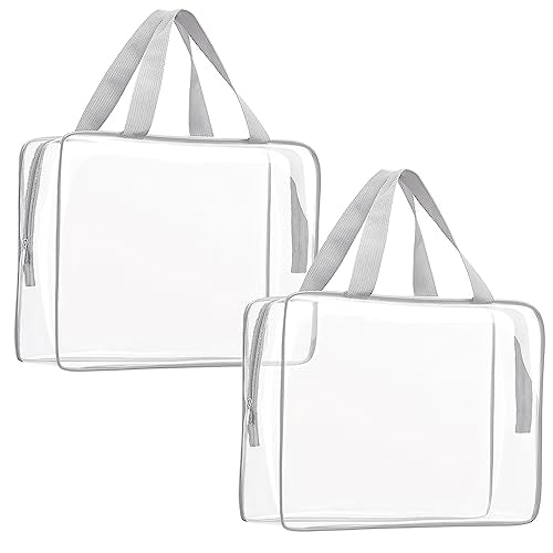 2Pcs Crystal Clear PVC Travel Toiletry Bag Kit for Women Men, Waterproof Vinyl Packing Organizer Storage Bags with Zipper Handle Straps, Cosmetic Pouch Carry on Airport Airline Compliant Bag Handbag - color: 2pcs Gray-Large, size: 2pcs Large